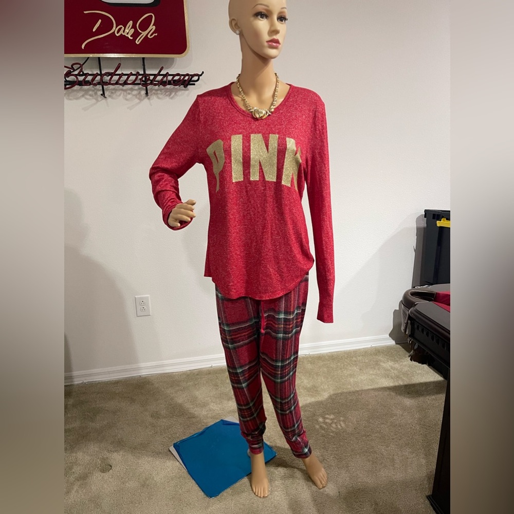 Victoria’s Secret Pink, Gold Glitter Vinyl Sleep Shirt & Pants , Size Large